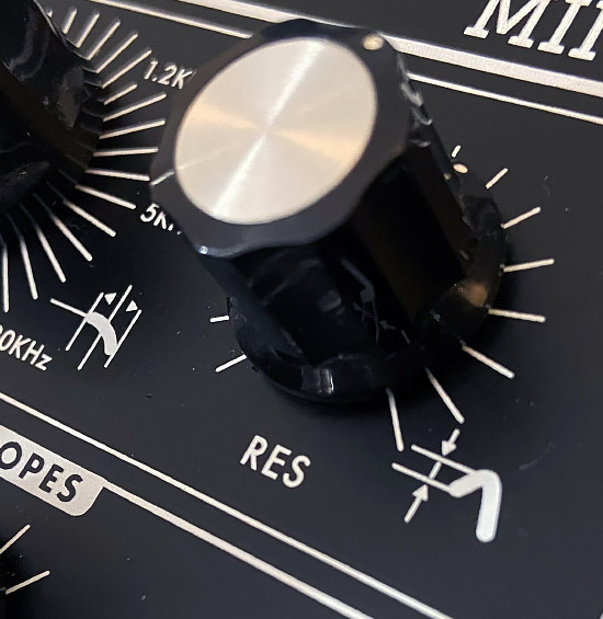Close up of Resonance knob on a Moog Minitaur
