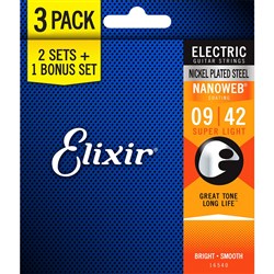 Elixir 16540 Electric Guitar Nickel Plated Steel w/ Nanoweb Coating 3-PACK S/Light (9-42)