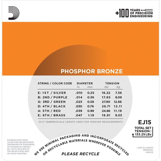 D'Addario EJ15 Phosphor Bronze Acoustic Guitar Strings - Extra Light (10-47)
