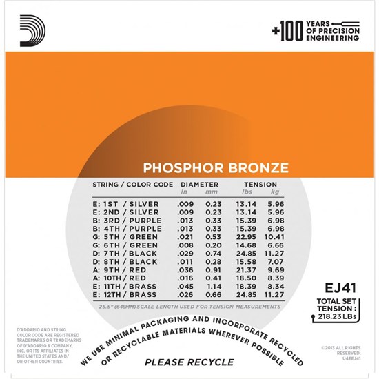 D'Addario EJ41 12-String Phosphor Bronze Acoustic Strings - Extra Light (9-45)