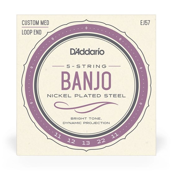 D'Addario EJ57 5-String Banjo Strings, Nickel Plated Steel Custom Medium, 11-22