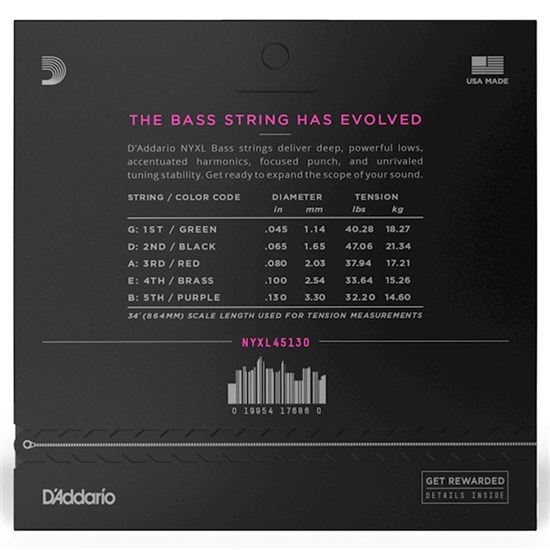 D'Addario NYXL45130 Regular Light Long Scale 5-String Bass Strings (45-130)