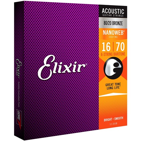 Elixir 11308 Acoustic 80/20 Bronze w/ Nanoweb Coating - 8-String Baritone (16-70)