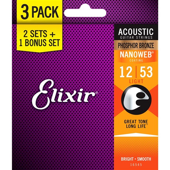 Elixir 16545 Acoustic Phosphor Bronze w/ Nanoweb Coating 3-Pack - Light (12-53)