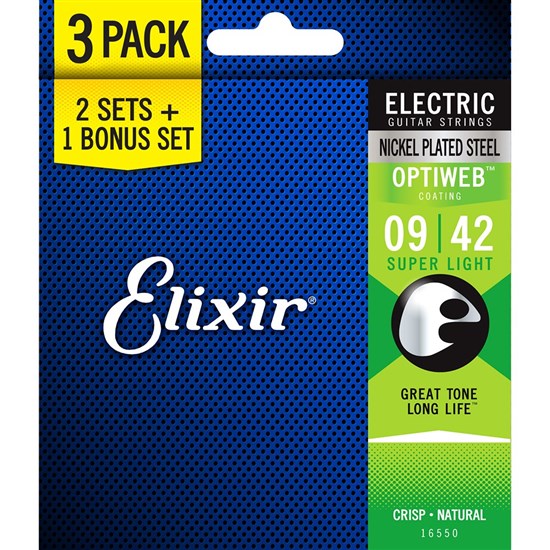 Elixir 16550 Electric Guitar Nickel Plated Steel w/ Optiweb Coating 3-PACK S/Light (9-42)