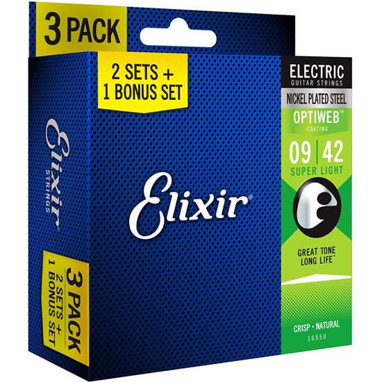 Elixir 16550 Electric Guitar Nickel Plated Steel w/ Optiweb Coating 3-PACK S/Light (9-42)