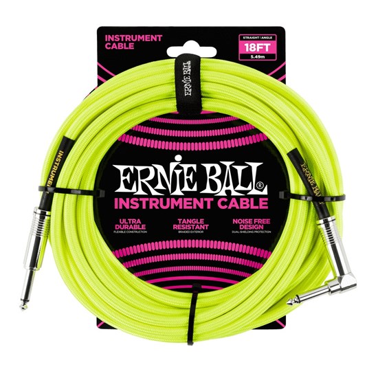 Ernie Ball 18' Braided Straight / Angle Instrument Cable - (Neon Yellow)