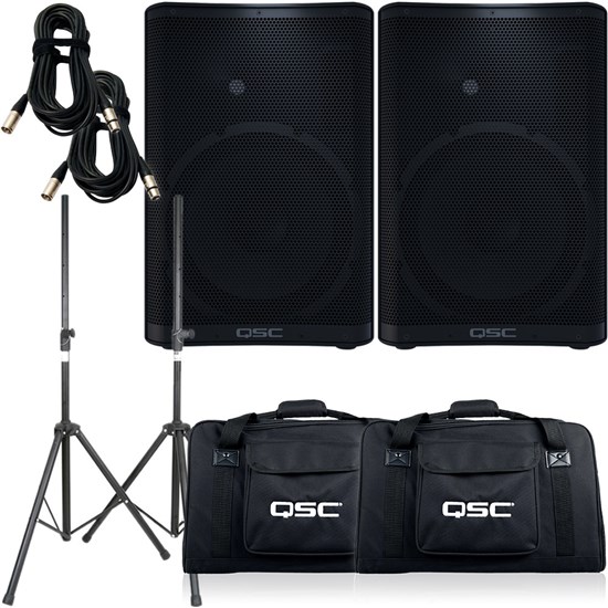 QSC CP12 PA Speaker Pack w/ Stands, 10m XLR Cables & FREE Tote Bags (Pair)