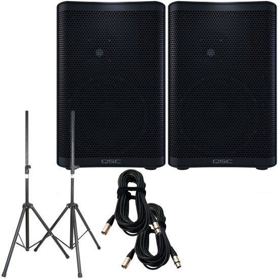 QSC CP8 PA Speaker Pack w/ Stands & 10m XLR Cables (Pair)