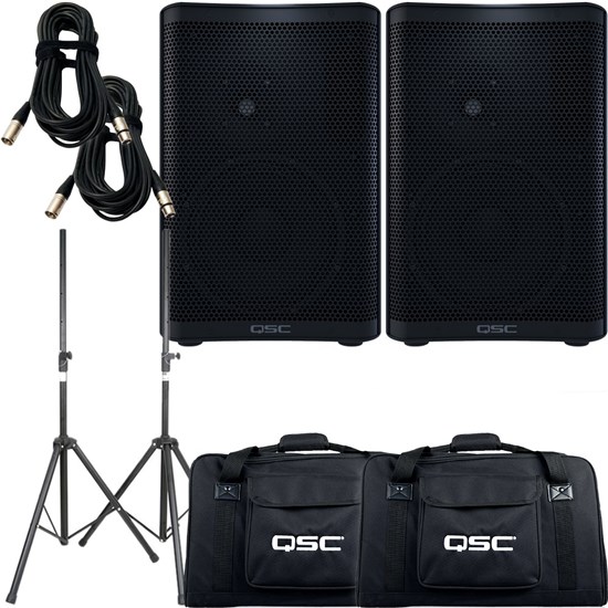 QSC CP8 PA Speaker Pack w/ Stands, 10m XLR Cables & FREE Tote Bags (Pair)