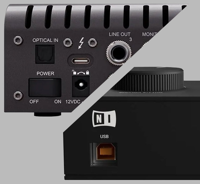 Two audio interfaces showing their computer connections