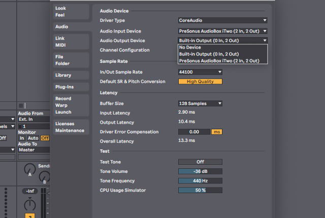 Ableton Live input and output device selection screen