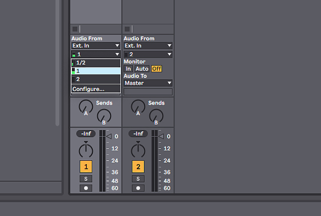 Selecting an input channel in Ableton Live